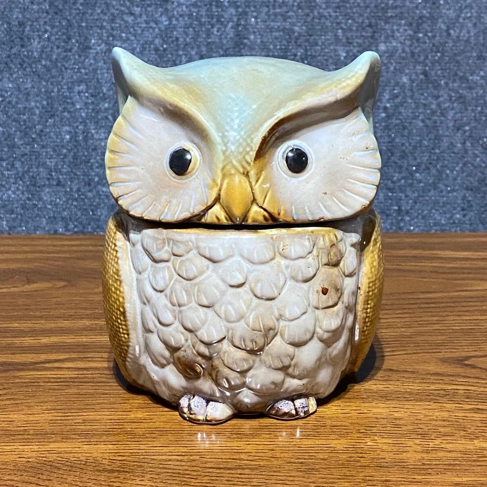 Vintage Ceramic Owl Cookie Jar Canister and Salt‎ Pepper Shaker Set Brown Blue